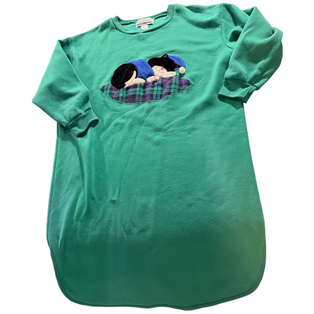 Vintage 70s 80s Night Gear Lounge Wear Green Cat Pajama Sleep Dress 3X